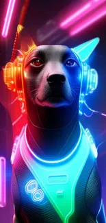 Futuristic neon dog with glowing headphones and collar.