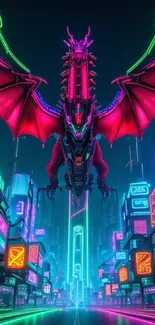 Neon dragon soaring over a cyberpunk cityscape at night.