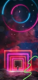 Futuristic scene with neon lights and starry galaxy.