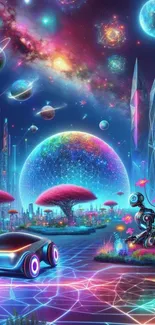 Futuristic neon landscape with cosmic elements and advanced technology.