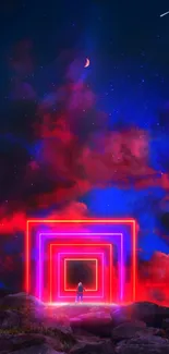 Futuristic neon landscape under a cosmic night sky with glowing rectangles.