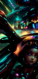 Futuristic neon dreamscape with vibrant cityscape and surreal imagery.