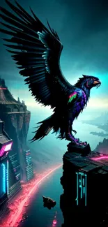 Majestic cyberpunk eagle on a cliff.