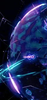 Futuristic neon Earth with digital network in vivid colors.