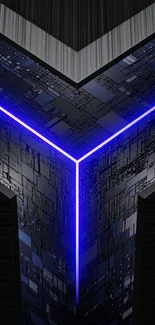 Futuristic wallpaper with neon blue edges and dark geometric patterns.