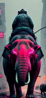 Neon-lit elephant in urban cityscape, futuristic art on phone wallpaper.