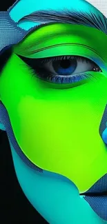 Futuristic face with neon green and blue design.