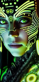 Futuristic neon green face art with glowing patterns and details.