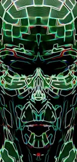 Futuristic digital face with neon lines and grid pattern in dark green.