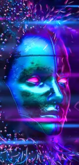 Futuristic neon face with vibrant blue and purple hues.