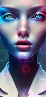 Futuristic neon face wallpaper with glowing hexagonal patterns.