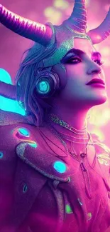 Futuristic character with neon horns and vibrant attire.