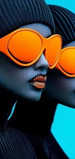 Futuristic portrait with orange sunglasses and blue tones.