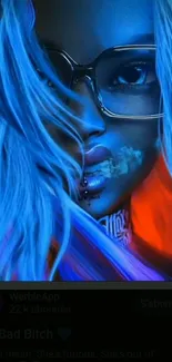 Futuristic neon portrait of a female with blue hair and vibrant colors.