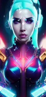 Futuristic female warrior with neon colors and musical notes in a digital art style.