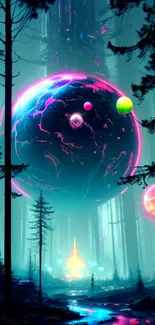 Futuristic neon forest with planets in a vibrant teal-toned landscape.