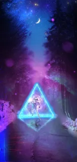 A futuristic neon forest with a glowing triangle and cosmic sky.