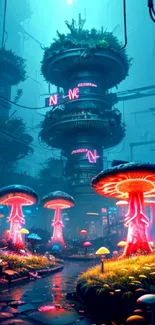 Futuristic neon forest with glowing mushrooms and vibrant colors.