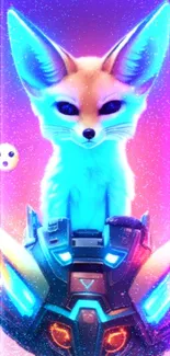 Bright neon fox on futuristic tech helmet wallpaper.