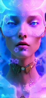 Futuristic alien figure with neon stars and glowing violet hues.