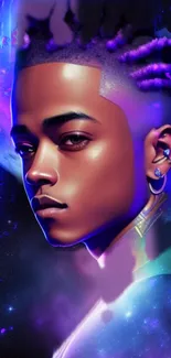 Futuristic neon portrait with galaxy theme.