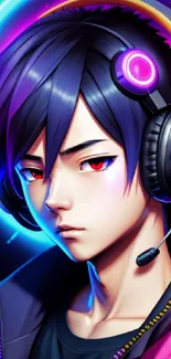 Vibrant neon-themed anime gamer wallpaper with headphones.