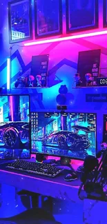 Futuristic neon-lit gaming desktop setup.