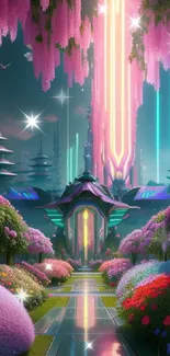 Futuristic garden with neon lights and vibrant flowers in a digital artwork.