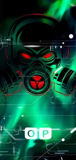 Futuristic neon gas mask design on a green and black digital background wallpaper.