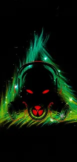 Futuristic neon gas mask art with green glow and red eyes on black background.