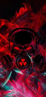 Futuristic neon gas mask with vibrant red and cyan swirls.