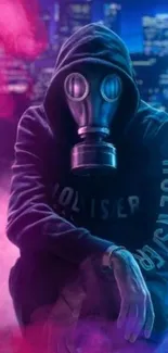 Hooded figure with gas mask in neon pink and blue urban background.