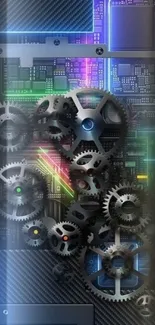 Intricate neon-lit mechanical gears on a dark background