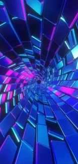 Futuristic neon geometric vortex wallpaper with blue and pink hues.