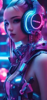 Futuristic girl with neon headphones wallpaper.