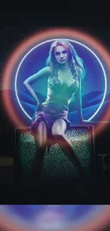 Futuristic girl sitting on TV with neon lights.