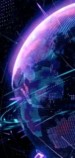 Futuristic neon globe digital wallpaper with vibrant purple and blue hues.