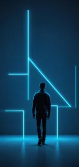 A lone figure stands before glowing blue lines on a dark background.