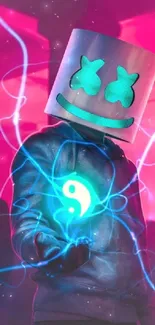 A futuristic figure holds a glowing yin-yang symbol with neon effects.