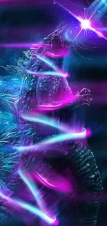 Futuristic Godzilla artwork with neon lighting in vibrant colors.