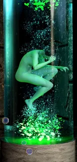 Futuristic green neon cybernetic figure in a liquid chamber.