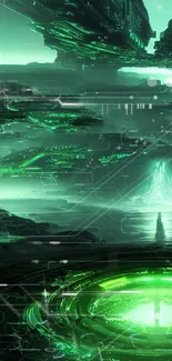 Futuristic sci-fi wallpaper with neon green tones and a mysterious landscape.