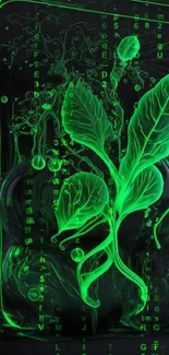 Neon green leaves with digital matrix for mobile wallpaper.