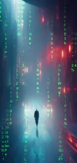 Futuristic neon grid wallpaper with matrix-like green code.