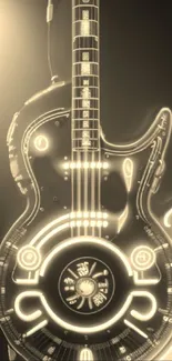 Futuristic neon guitar with glowing design on a dark background.