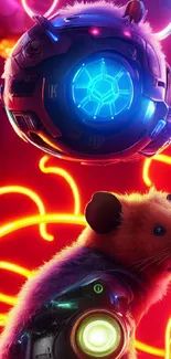 A neon-lit futuristic hamster with colorful glowing elements under vibrant lights.