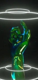 Futuristic neon hand encircled by glowing rings in dark space.