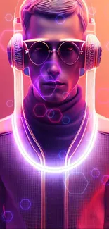 Futuristic figure with neon headphones and geometric background.