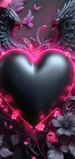 Gothic heart with wings surrounded by pink flowers.