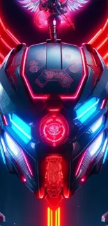 Futuristic neon helmet with red and blue lights on a dark background.